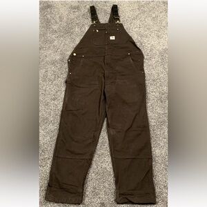 Carhartt Canvas Overalls Men Sz 42x34 Dark Brown Double Knee Bib Stretch Waist
